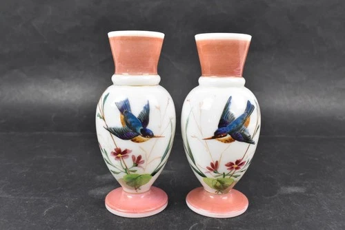 Hand Painted Kingfisher Milk Glass Pair Of Small Vases Vintage Not Boxed