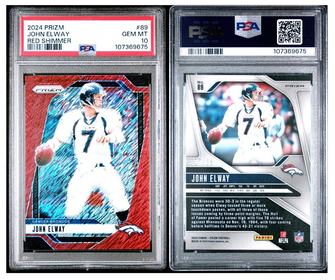 2024 Panini Prizm John Elway PSA / 35 Red Shimmer POP 1 (Card Ladder Value 233)