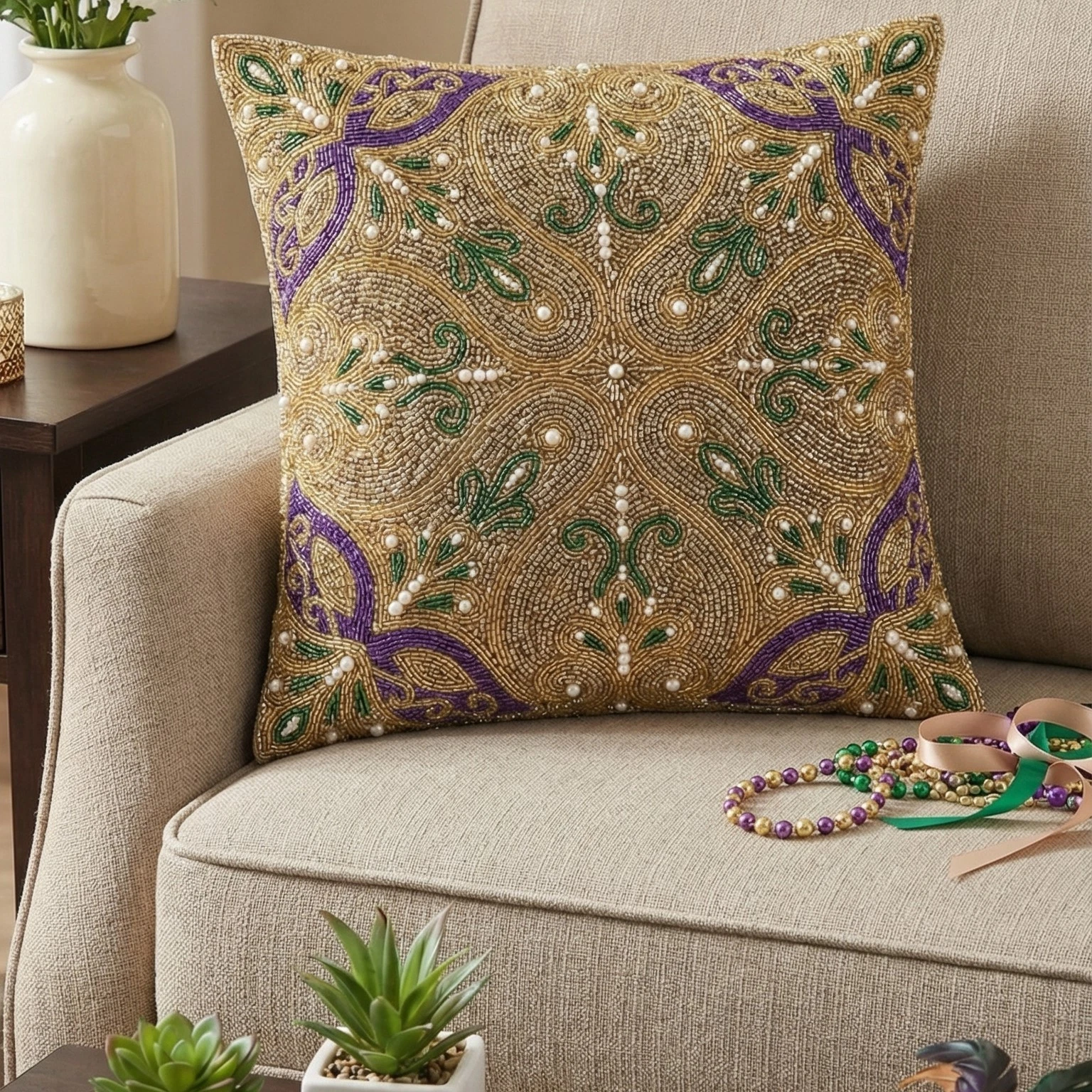 Beaded Throw Pillow Cover - Mardi Gras Gold Purple Green Damask Accent Cushion