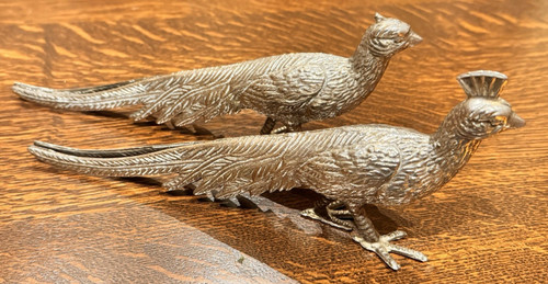 2 Silver Tone Metal Pheasants Display