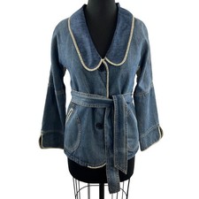 MARC JACOBS Blue Denim Jacket Button Front Belted Pockets Long Sleeve Size Large