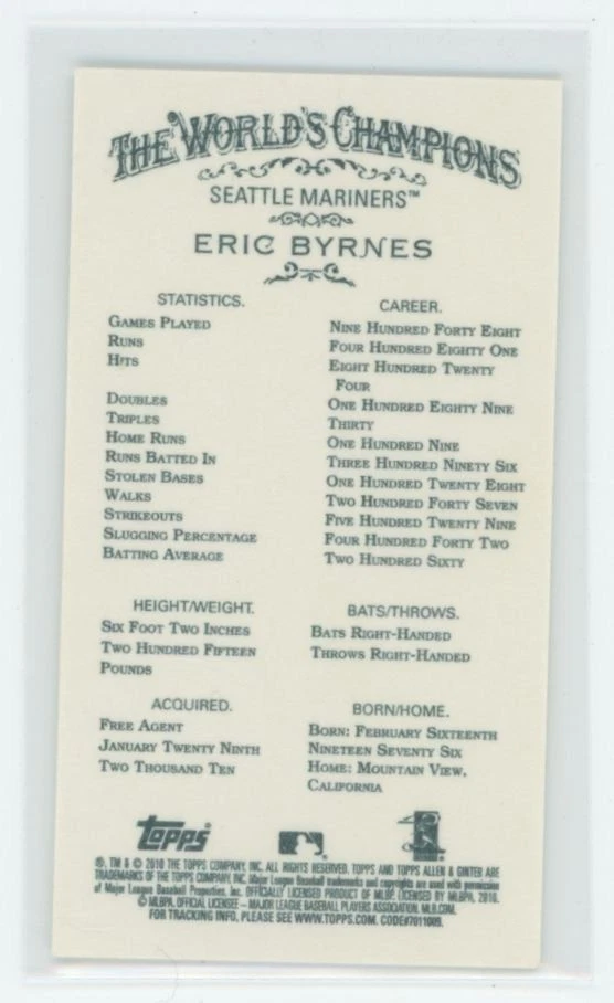 Eric Byrnes 2010 Topps Allen & Ginter Mini sin número Seattle Mariners Foto 2 de 3