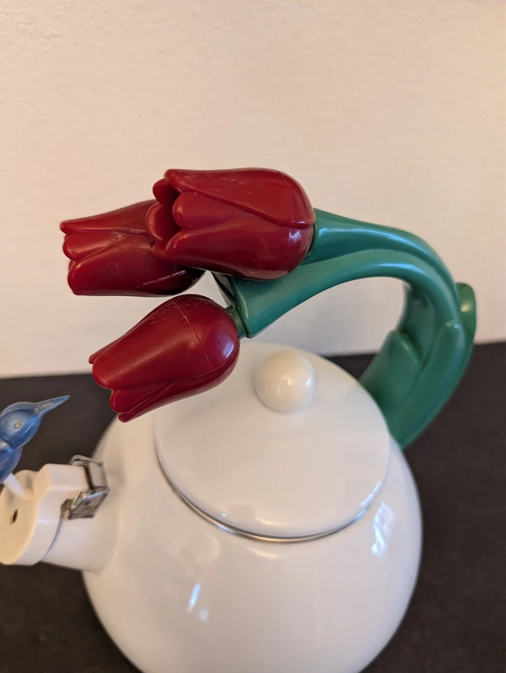 Ancona Kettle Hummingbird, Tulips Enamel Red, White, Blue &Green Teapot 1995 VGC - Image 3 of 4