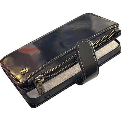 CaseMe Black Leather Wallet Case -iPhone 14 w/Card Holder & Zipper Compartment