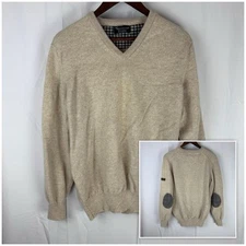 Hawick Knitwear Sweater Mens Large Tan Lambswool Made In Scotland Elbow Patch