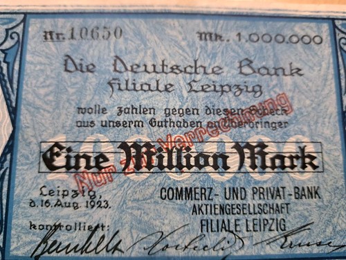 Scheck Deutsche Bank Leipzig 1 Million Reichsmark Inflationsgeld - Bild 4 von 8