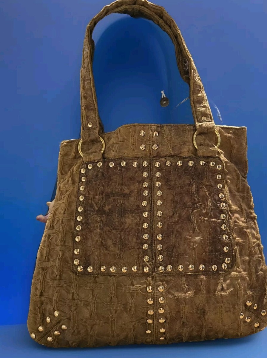 CMZ BRASS STUDDED FAUX Leather Zip Handbag BROWN Purse Boho