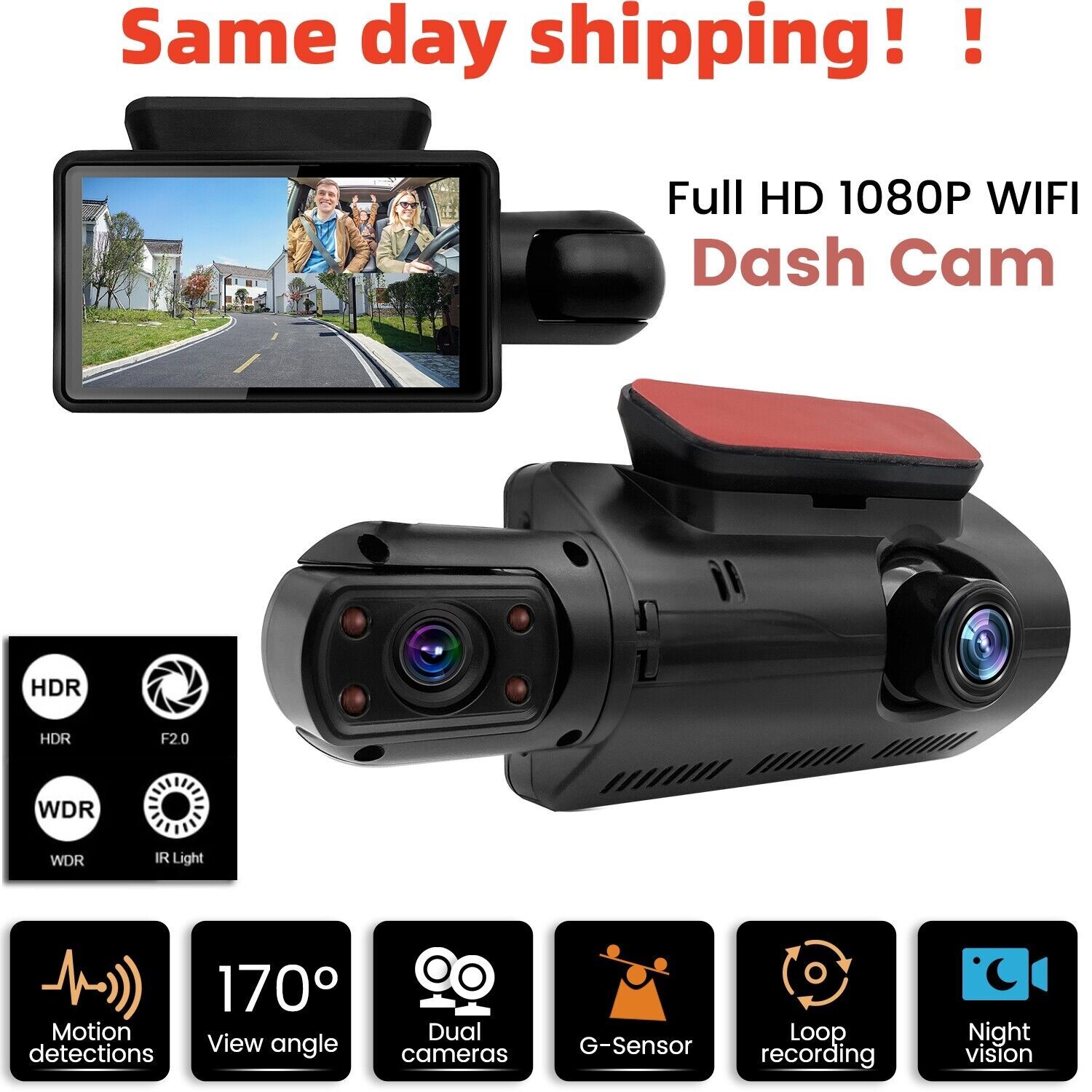 1080P Dual Lens Car DVR Dash Cam Video Recorder G-Sensor Front and Inside Camera