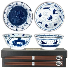 SET of 2 Japanese 6"D Porcelain Cats Rice Soup Bowls with Chopsticks JAPAN MADE