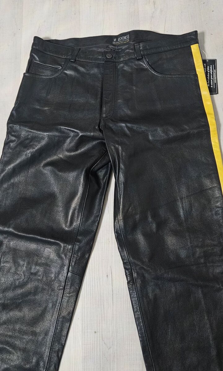 Kookie Black Leather Pants With Yellow Trim Down Leg 40W New Kookie Black Leather Pants With Yellow Trim Down Leg 40W New