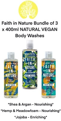 Faith In Nature Body Wash Jojoba, Shea & Argan, Hemp & Meadowfresh 3 x 400ml