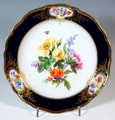 MEISSEN PRUNK TELLER FF-BLUMEN MALEREI AMSTERDAMER ART KÖNIGSBLAU GOLD   UM 1860
