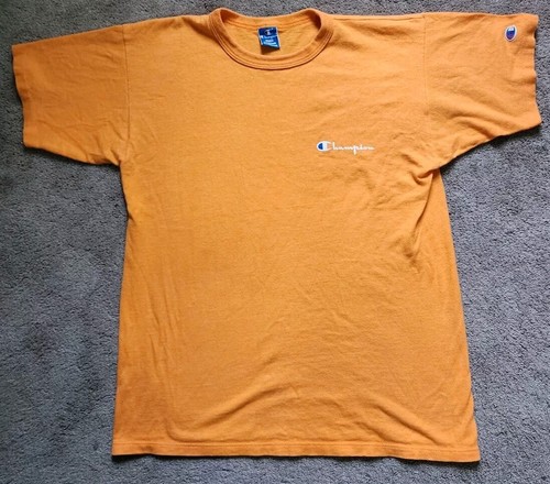 VTG 90s Champion Script Spellout Logo T Shirt Men's L Single Stitch Orange USA