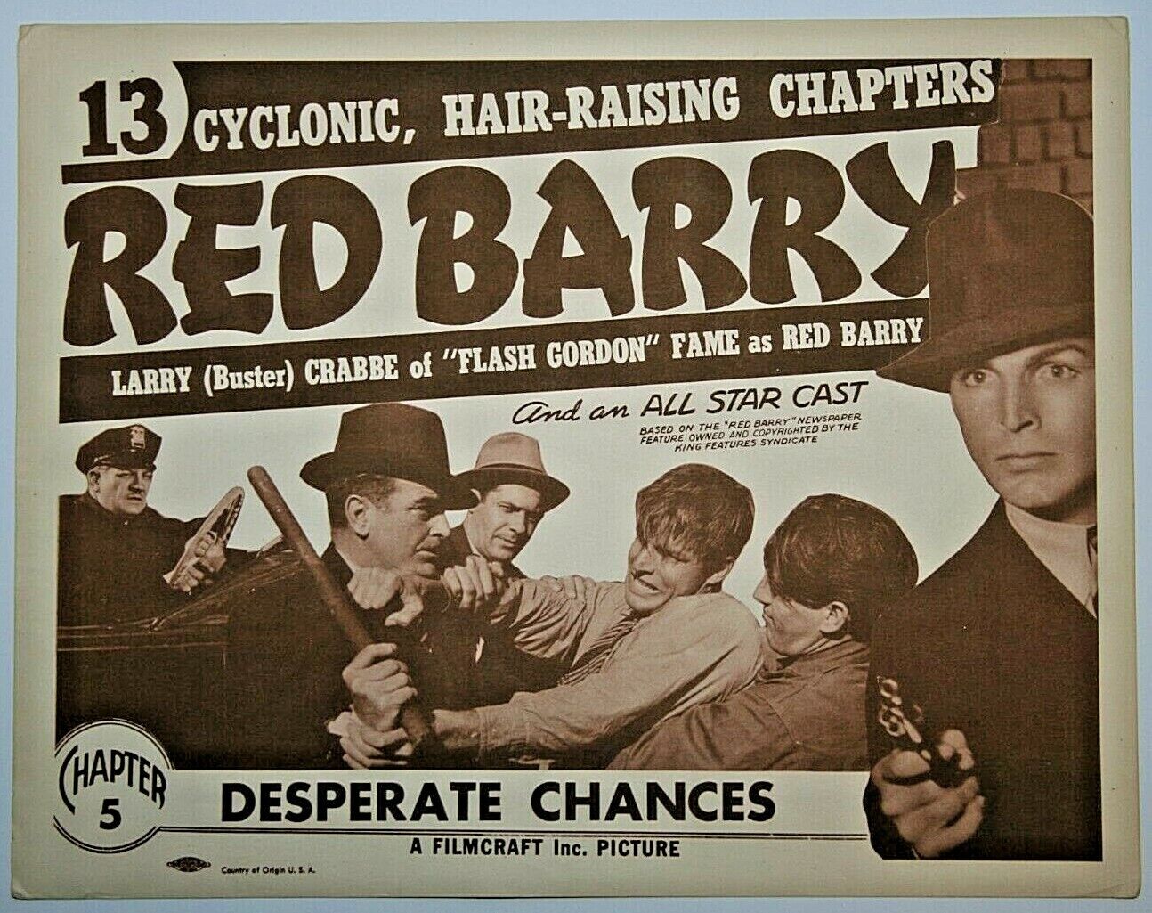 1938 Red Barry Desperate Chances, Buster Crabbe, Vtg Lobby Card,