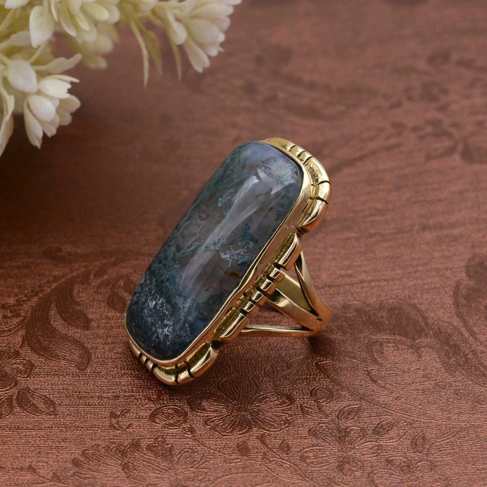 Moss Agate Ring Brass Gold Women Ring Promise Engagement Ring Gift For Mother - Image 3 of 4