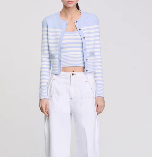 Women Sandro Round Neck Striped Knit Tank Top / Long Sleeve Coat