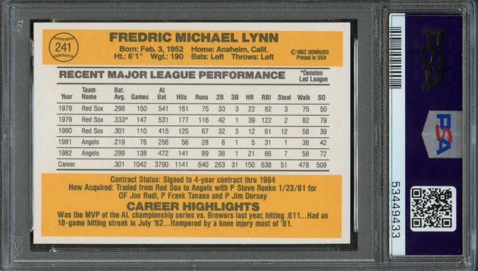 BB - 1983 - Donruss - #241 - Fred Lynn - PSA 10 - GEM MT - Image 2 of 2
