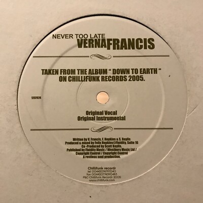 Verna Francis - Twilight (Blackbeard Remixes) / Never Too Late 12  Soul Vinyl