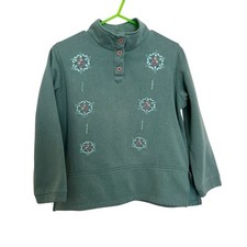 Vintage Green Floral Embroidered 1/4 Button Mockneck Sweatshirt Y2K Cottagecore