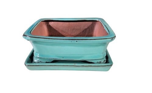 Bonsai Pot Rectangle Light Blue Ceramic With Humidity Drip Tray OD 7"x 5.5" x 3" - Picture 2 of 2
