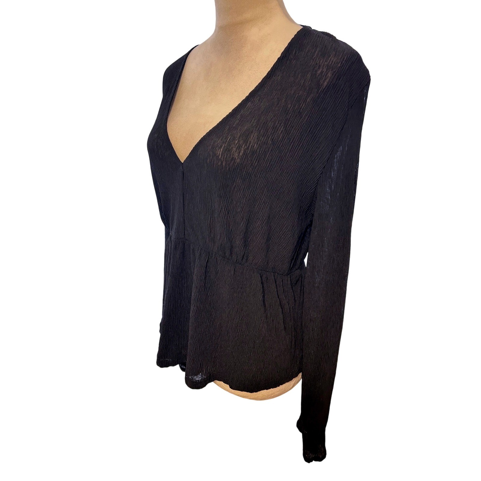 Mango MNG Black Plissé V-Neck Peplum Blouse Women Large image 2
