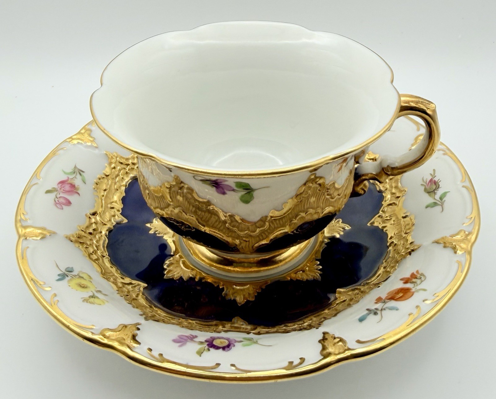 Antique Meissen Cobalt Blue Gold Floral B-Form Demitasse Cup & Saucer; Teacup