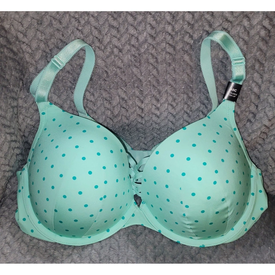 Torrid 40C Push Up Bra Teal Blue Polka Dot Lace Up Back Plunge Style - Image 4 of 4