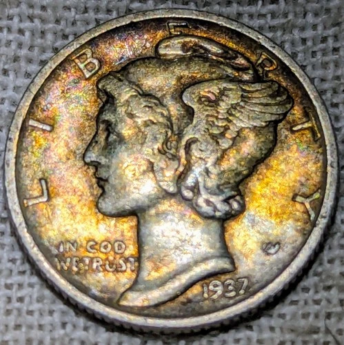 1937 D Mercury Dime XF : Extra Fine, Rainbow Tone, Lower Mintage - 90% Silver