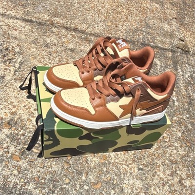 A Bathing Ape Bape Sta Brown Beige Leather Men's Size 13 Casual Sneakers