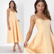 NWT Lulus Meet for Tea Yellow Jacquard Bustier Midi Dress With Pockets Wedding M