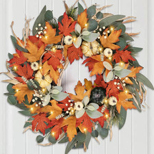 Realistic Fall Wreath with Lights/Timer 24 Inch Fall Wreaths for Front Door with