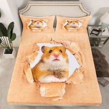 Hamster Fitted Bed Sheets Twin Size Brown Bedding Decor Set 3D Cute Animal Fi...