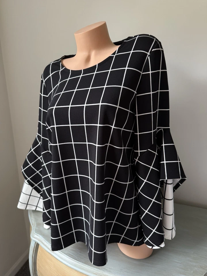Top Alfani Manga Campana Top 1x Blusa Windwpane Cuello Barco Distintivo Negro Blanco Foto 3 de 4