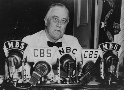 President Franklin D Roosevelt making a speech in front of a bank - Old Photo