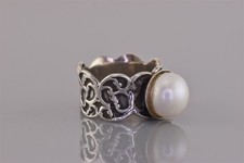 Sterling Silver White Pearl Carved Oxidized Scalloped Band Ring 925 Sz: 7