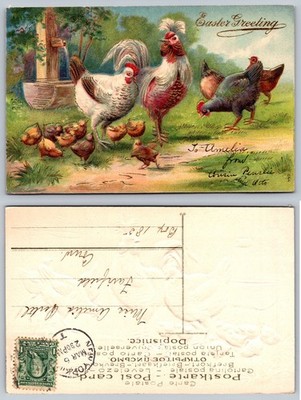 Vintage Easter Greeting Postcard Rooster Chickens Chicks Farm Scene Iowa
