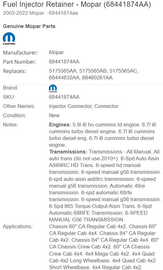 Kit de tubo inyector de combustible diésel Mopar genuino OEM 68441874AA Ram 2500/3500 Foto 4 de 4