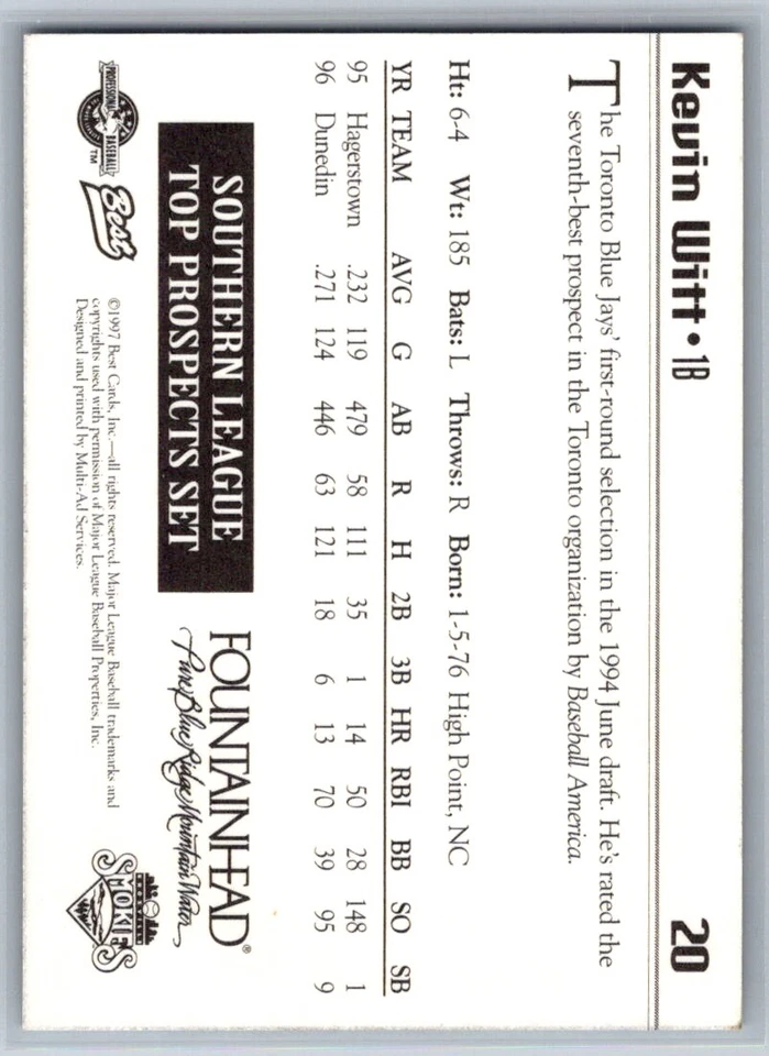 1997 Best Southern League Top Prospects #20 Kevin Witt - Image 2 of 2