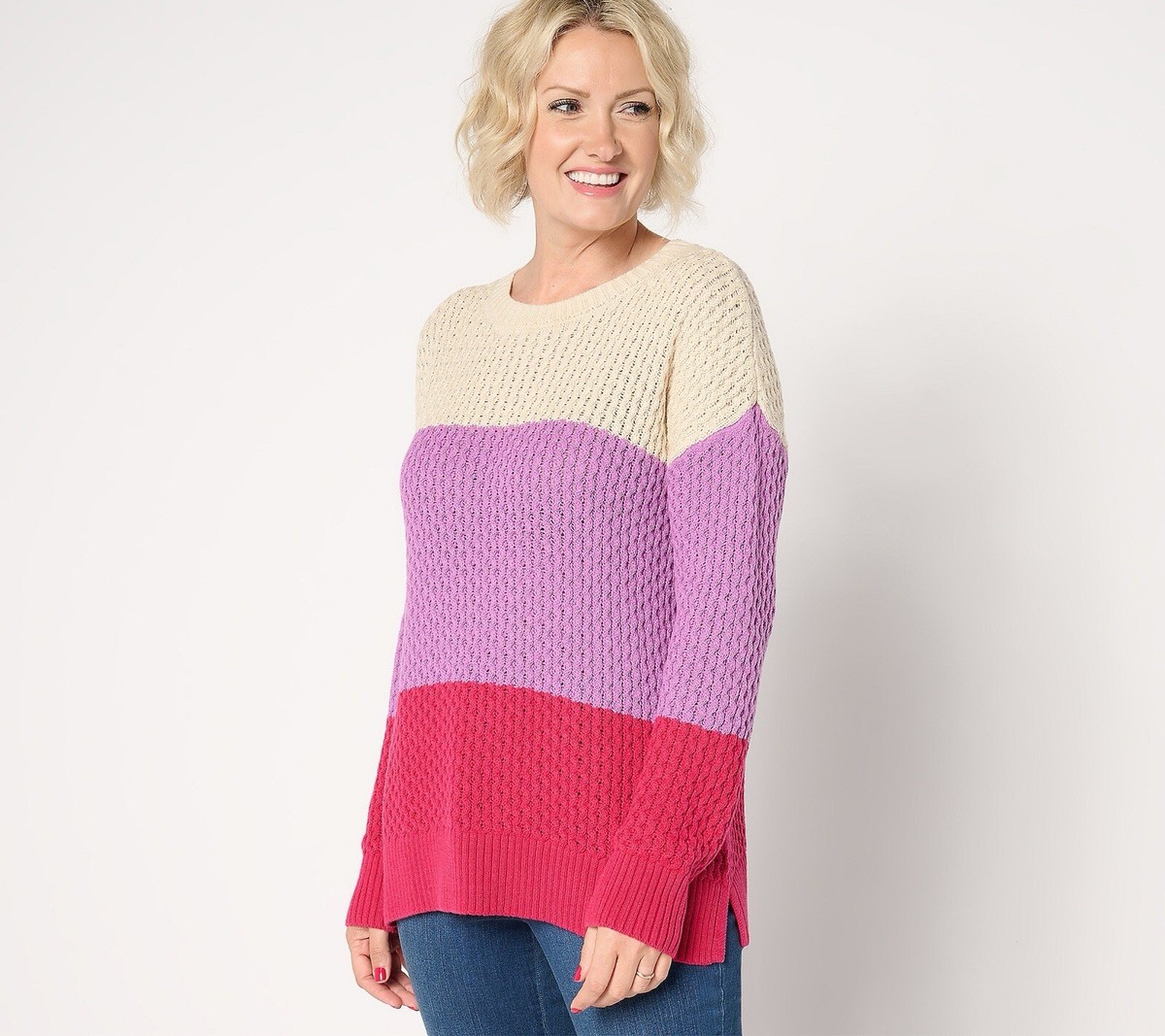 Belle by Kim Gravel Honeycomb Stitch Color Block Sweater-Orchid