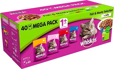 Whiskas 1+ Beutel Nassfutter für ausgewachsene Katzen Fisch Fleischig Auswahl Gelee 40x85gms