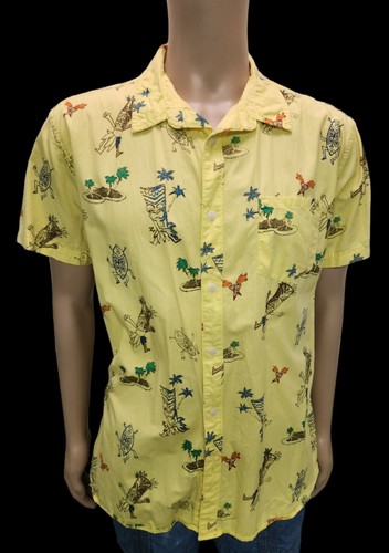 Hang Ten Shirt Mens XL Yellow Hawaiian Palm Trees Tiki All Over Print Button Vtg - Picture 2 of 7