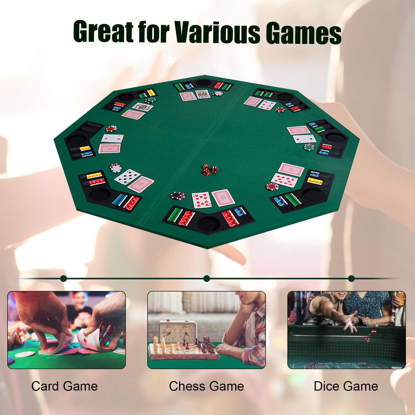 48" Green Octagon 8 Player Four Fold Folding Poker Table Top & Carrying
