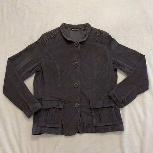 Eddie Bauer Jacke Damen groß grau Cord Knopfleiste Druckknopftaschen