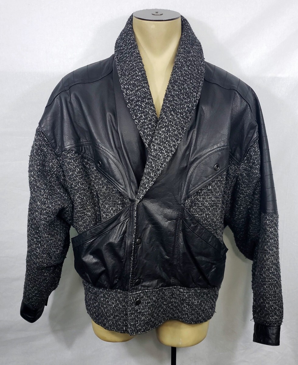 Vtg 90s Mens Inno black leather & wool snap-button batwing bomber