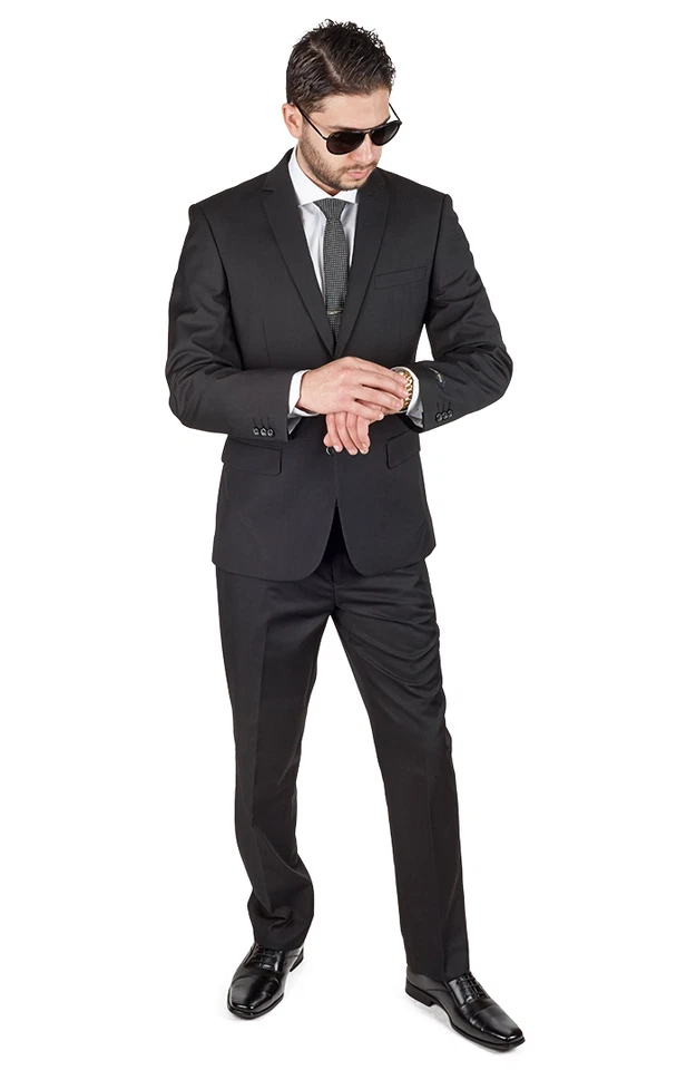 Solid Black Slim Fit Mens Suit 2 Button Notch Lapel Fitted Flat Front Pants AZAR - Image 2 of 4