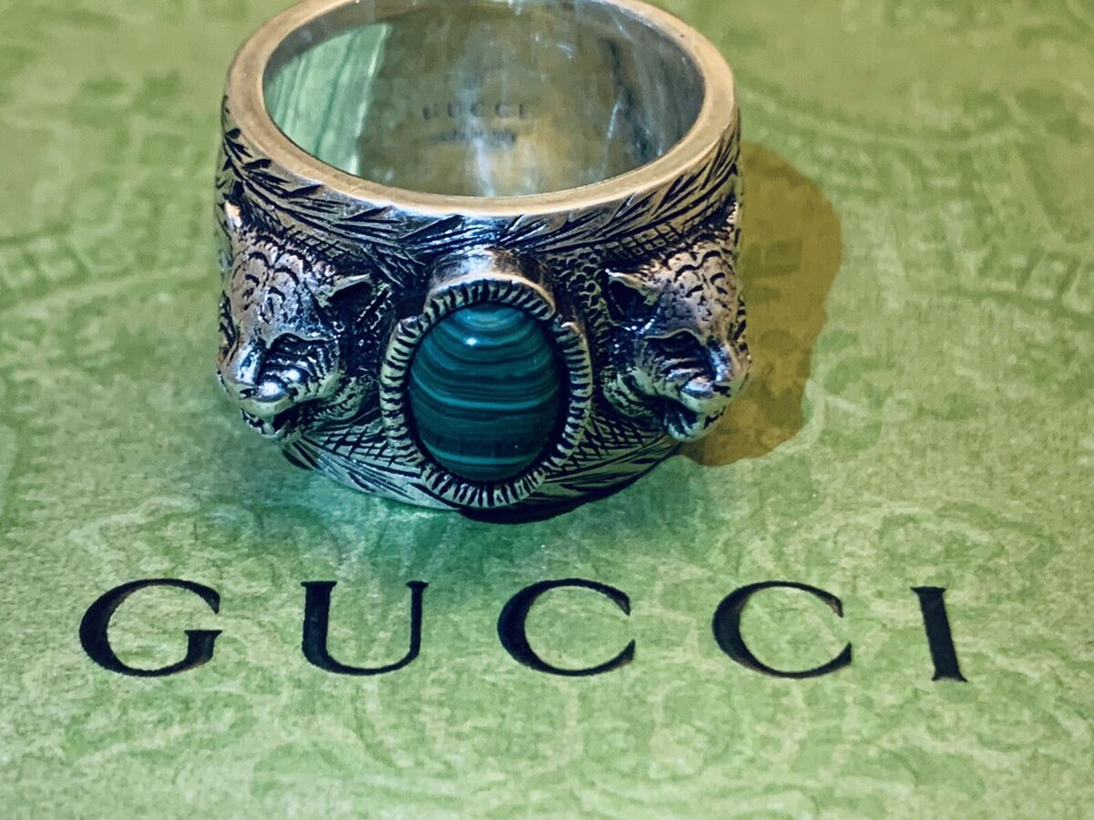 GUCCI Garden Tiger Head Ring 925 Sterling Silver Green Stone GUCCI Garden Tiger Head Ring 925 Sterling Silver Green Stone
