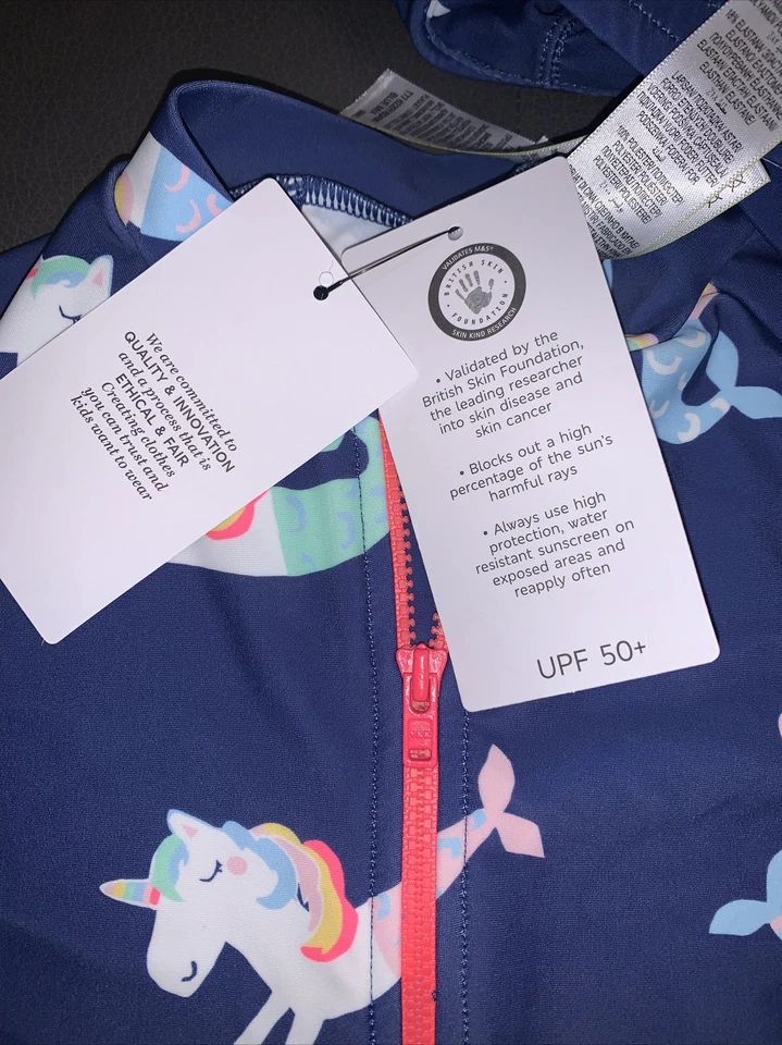 BNWT KIDS M&S BLUE UNICORN/MERMAID UPF50+ UV SUNSUIT SUNSAFE SWIM SUIT/HAT-5-6YR - Image 4 of 4
