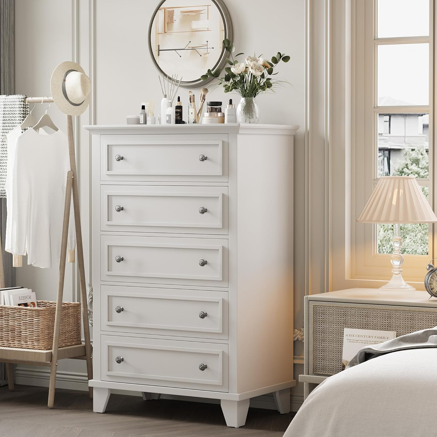 White 48 Inch Tall 5-Drawer Wood Dresser for Bedroom Storage