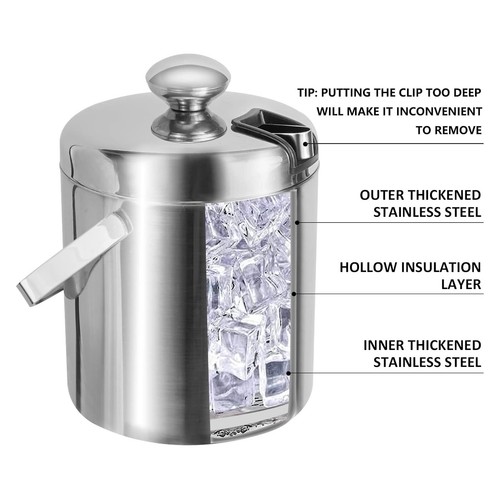 3L Double Wall Stainless Steel Insulated Ice Bucket with Lid Strainer and Tongs - Picture 6 of 12
