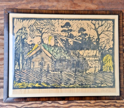 Original Linocut Print Swedish Signed Color Print Countryside, 30-40s